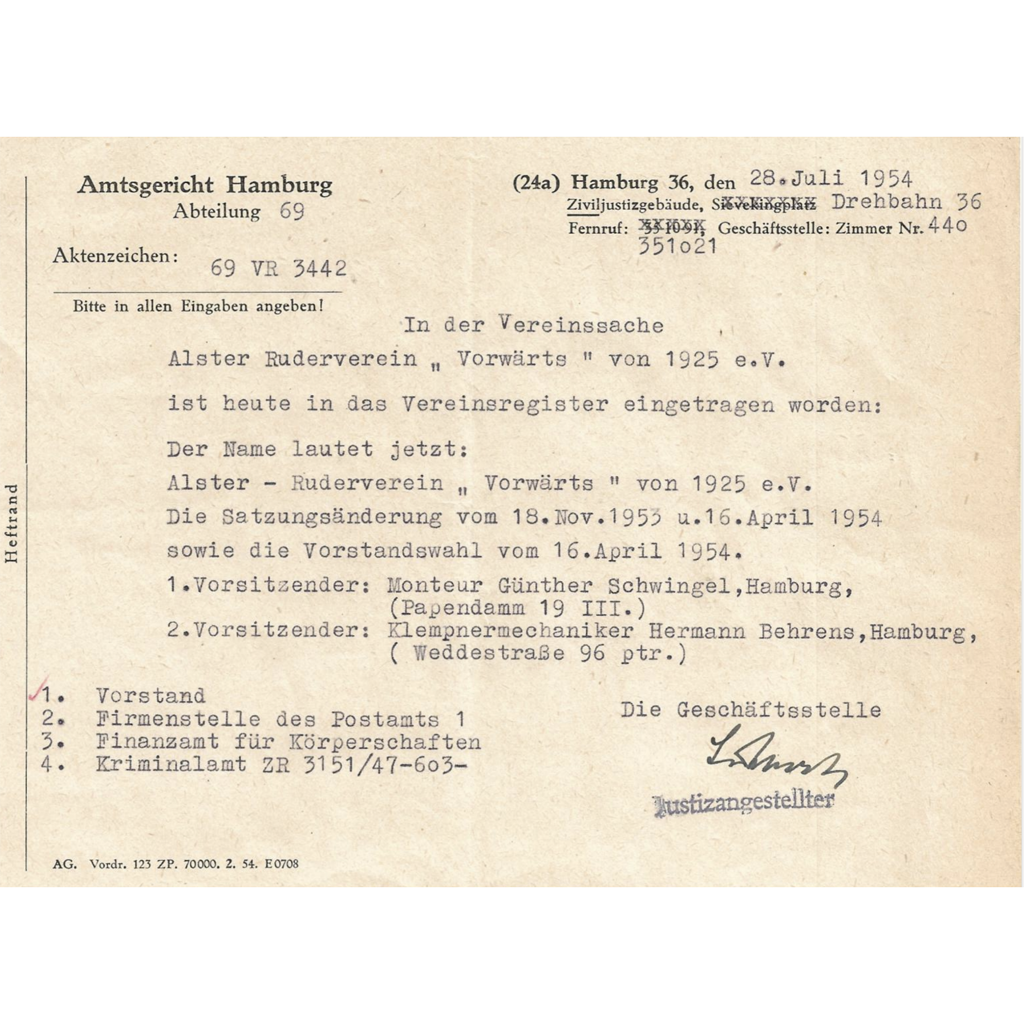 1954 Eintrag des Rudervereins ins Vereinsregister