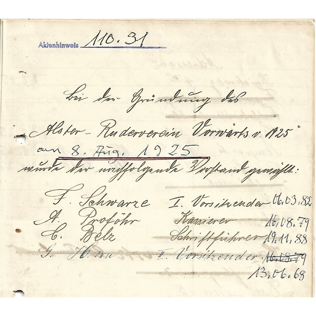 08.08.1925Gründung als "Alster-Ruderverein Vorwärts v. 1925", ein Arbeiter-Ruderverein am von Industrie- und Gewerbebetrieben gesäumten Osterbekkanal. Die Kanalisierung der Osterbek als ein wichtiger Transportweg war 1903 fertiggestellt worden. 30 Jahre früher hingegen war die Osterbek noch ein landschaftlich reizvoller, klarer Bach